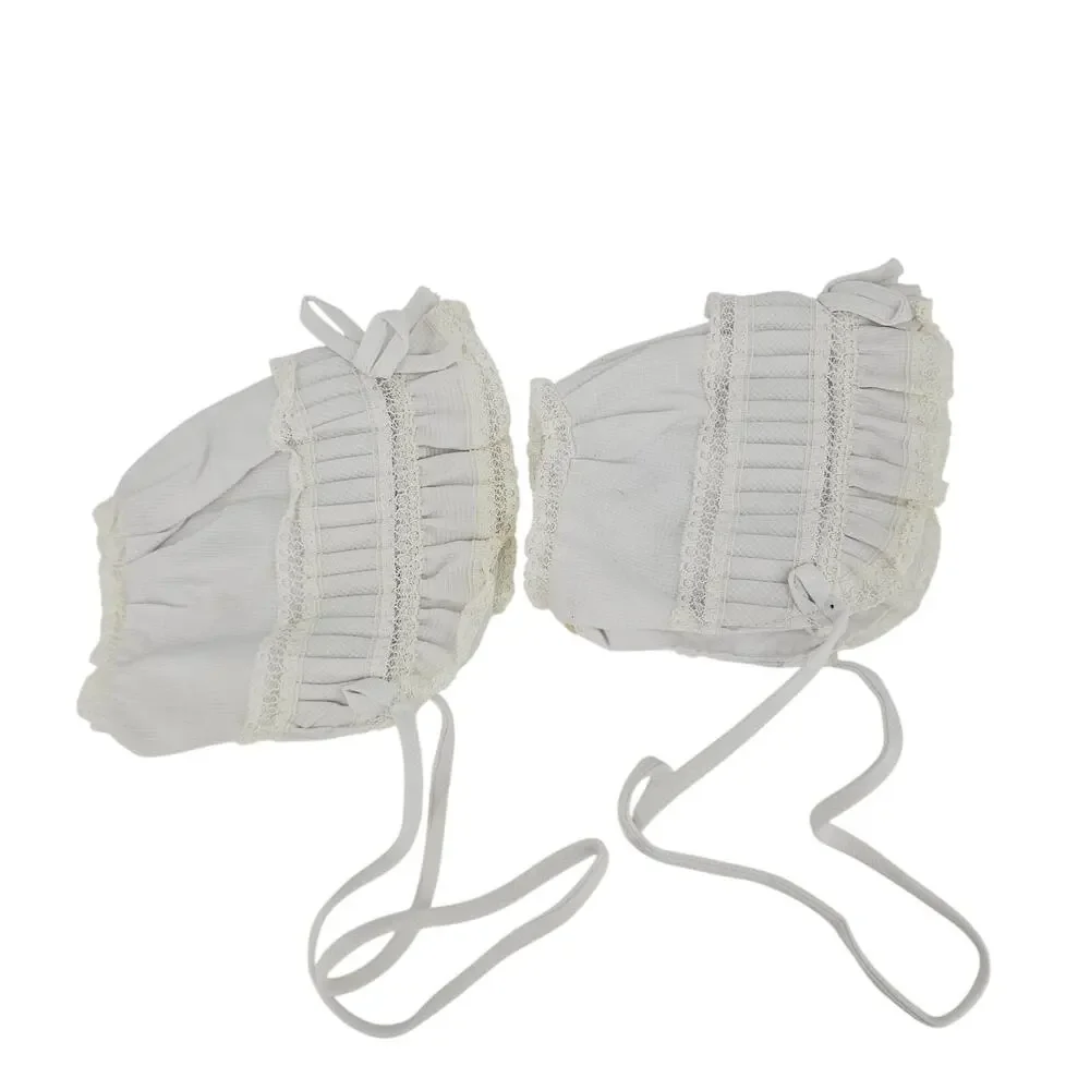 Set of 2 Vintage Infant Baby TWIN Girls Cotton Ruffle Bonnet Hat 0-3 mo Cottage